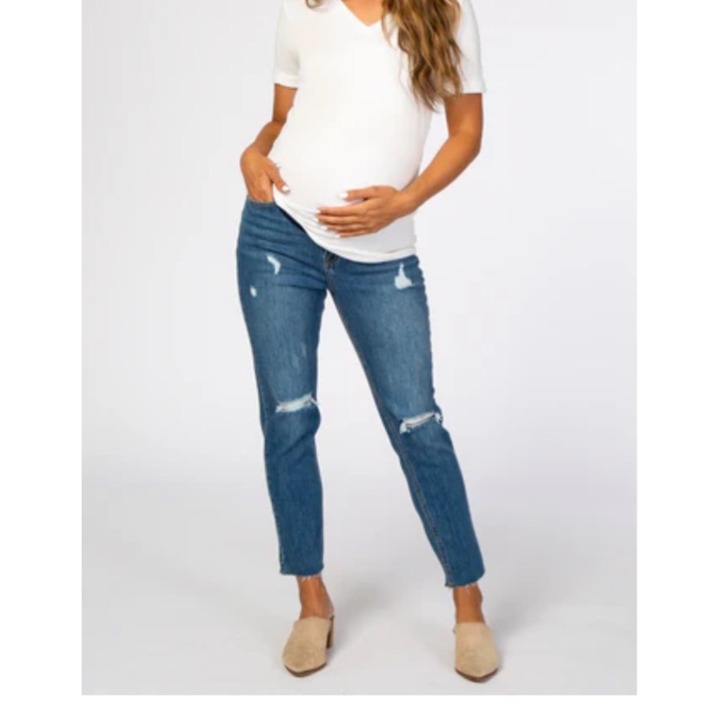 Pink blue maternity blue distressed raw hem jeans